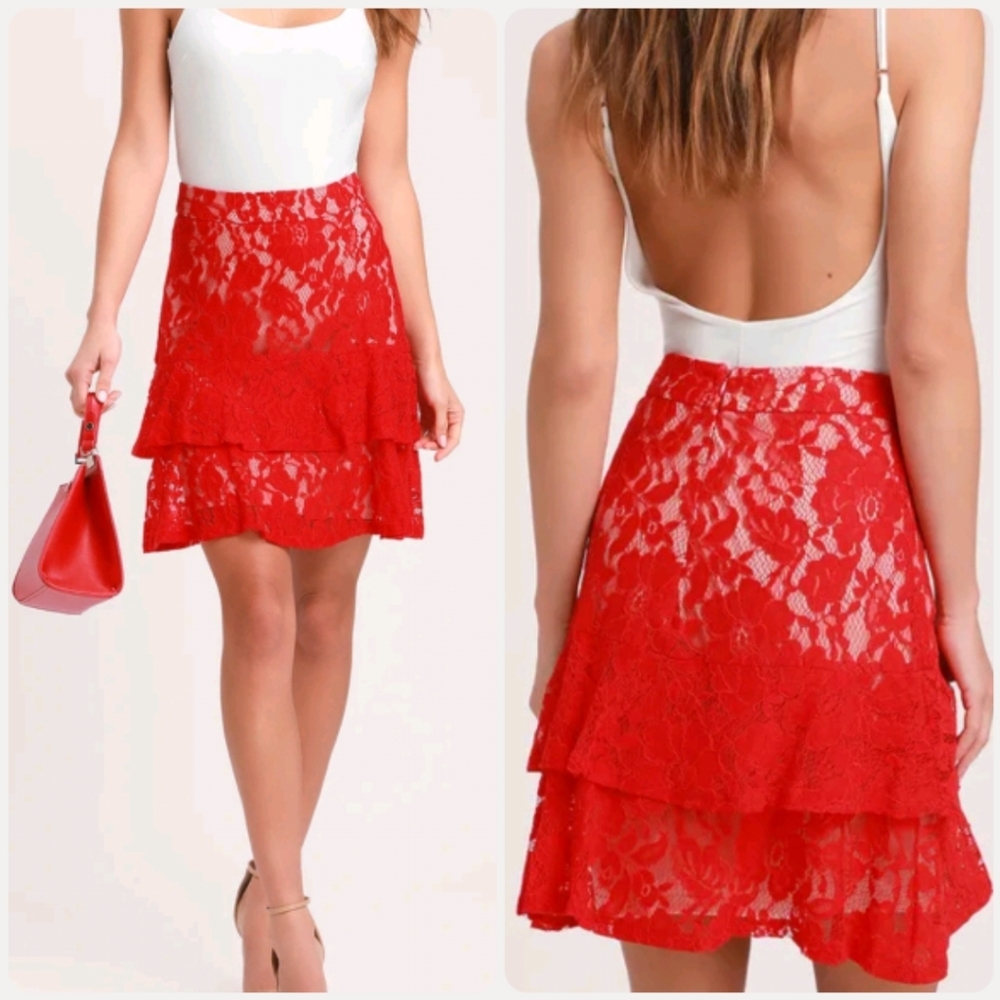 Lulu's Eternal Romance Red Lace Mini Skirt